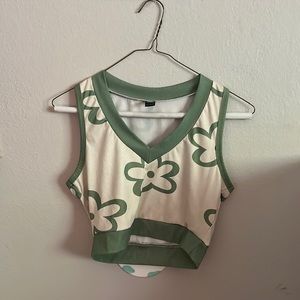 green and beige floral top